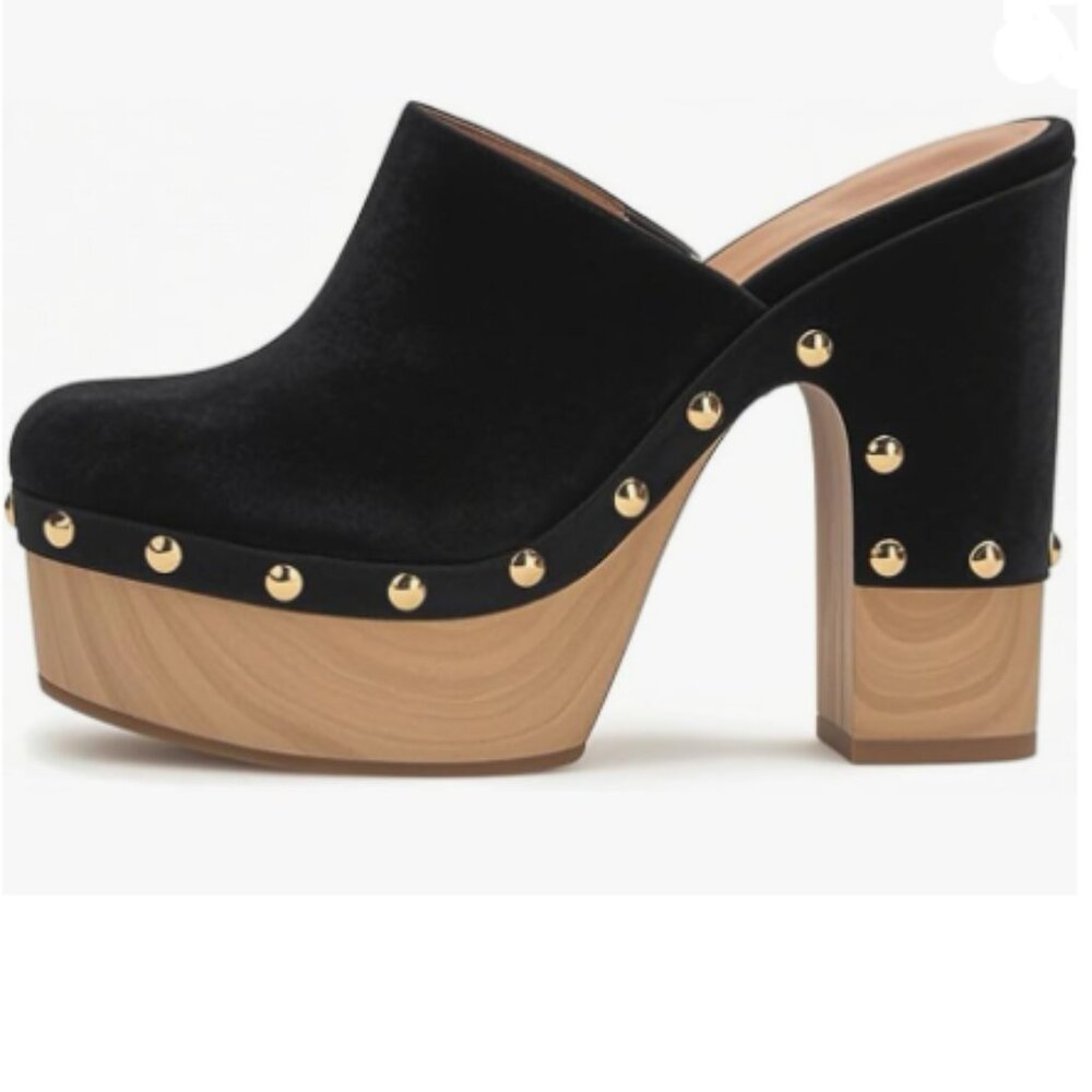FSJ Black Velvet Platform Clog Mules with Wood-Tone Heel & Gold Studs